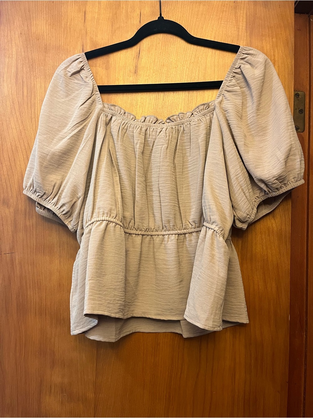 Puff-Sleeve Square-Neck Peplum Blouse — Taupe